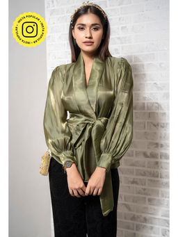 Label Swish - Bottle Green Satin Balloon Sleeve Tie Up Overlap Top