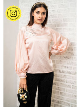 Label Swish - Peach Satin Balloon Sleeve Embellished Top