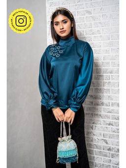 Label Swish - Teal Blue Satin Balloon Sleeve Floral Embellished Top