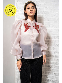 Label Swish - Peach Organza Puff Sleeve Bird Embellished Shirt (Set of 2)