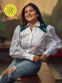 Label Swish - White Solid Sequin Patch Shirt