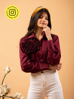 Label Swish - Maroon Solid Corsage Full Sleeves Shirt