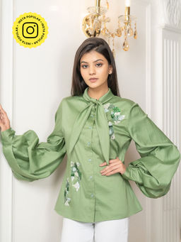 Label Swish - Green Cotton Balloon Sleeve Embellished Shirt