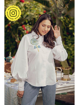 Label Swish - White Cotton Balloon Sleeve Candy Embellished Shirt