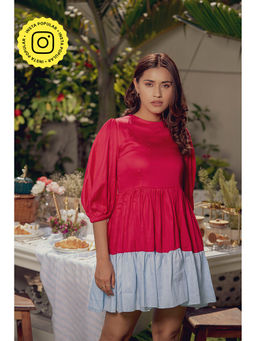 Label Swish - Hot Pink Gathered Color Block Dress