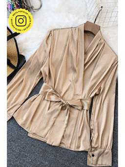 Label Swish - Beige Satin Overlap Front Tie Up Top