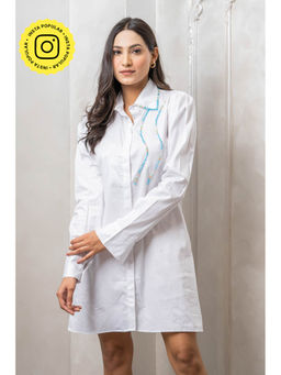 Label Swish - White Cotton Crystal Collar Shirt Dress