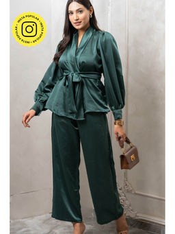Label Swish - Bottle Green Satin Tie Up Top with Wide Leg Pants (Set of 3)