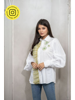 Label Swish - Bloom White Cotton Embellished Shirt with Green Organza Frill