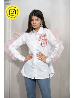 Label Swish - Bloom White Cotton Embellished Shirt with Pink Organza Frill