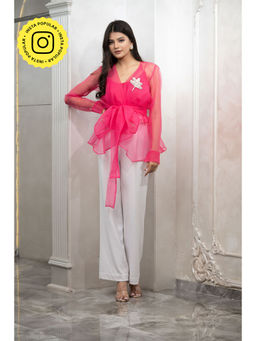 Label Swish - Bloom Hot Pink Organza Maple Leaf Embellished Top and Inner with Belt (Set of 3)