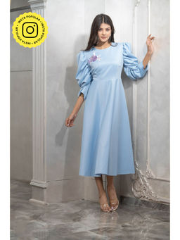 Label Swish - Bloom Powder Blue Gathered Sleeve Floral Embellished Midi Dress