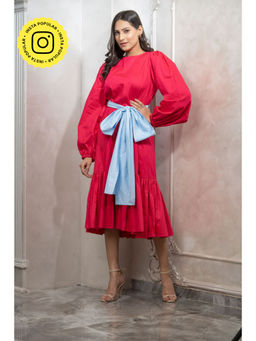 Label Swish - Bloom Hot Pink Gathered Dress with Powder Blue Tie Up Belt (Set of 2)
