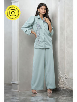 Label Swish - Bloom Sea Green Gathered Sleeve Abstract Embellished Co-Ord (Set of 2)