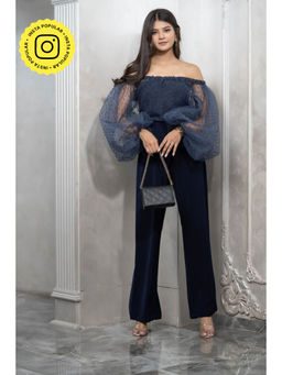 Label Swish - Bloom Navy Blue Off Shoulder Balloon Sleeve Top and Pants with Inner (Set of 3)
