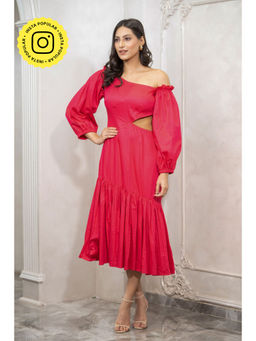 Label Swish - Bloom Hot Pink Cotton Cut Out Balloon Sleeve Midi Dress