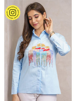Label Swish - Lulu Lounge Powder Blue Cotton Embellished Shirt