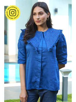 Label Swish - Swish SoirAe Royal Blue Embellished Pleated Collar Shirt