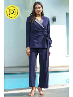 Label Swish - Swish SoirAe Navy Blue Embellished Double Breasted Blazer With Pants (Set of 2)