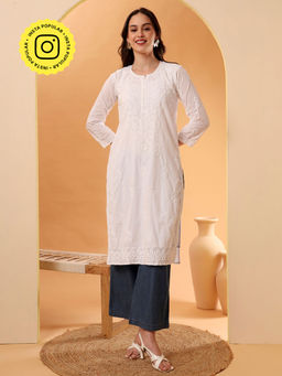 The Chikan Label - White Hand-Embroidered Cotton Chikankari Straight Kurta