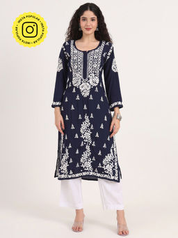 The Chikan Label - Navy Blue Hand-Embroidered Rayon Chikankari Straight Kurta