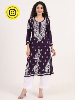 The Chikan Label - Purple Hand-Embroidered Rayon Chikankari Straight Kurta