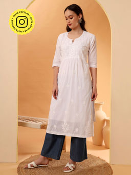 The Chikan Label - White Hand-Embroidered Cotton Chikankari A-Line Kurta