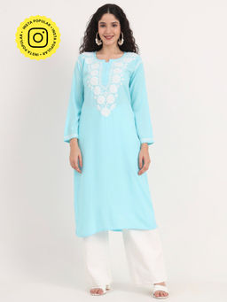 The Chikan Label - Sky Blue Hand-Embroidered Rayon Chikankari Straight Kurta