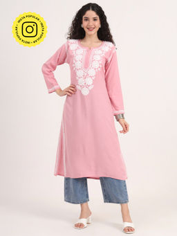 The Chikan Label - Rose Pink Hand-Embroidered Rayon Chikankari Straight Kurta