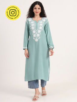 The Chikan Label - Green Hand-Embroidered Rayon Chikankari Straight Kurta