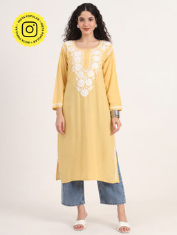 The Chikan Label - Yellow Hand-Embroidered Rayon Chikankari Straight Kurta