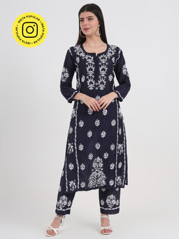 The Chikan Label - Navy Blue Embroidered Chikankari Co-Ord (Set of 2)