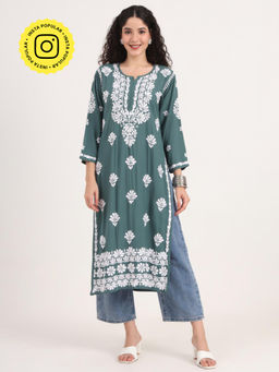 The Chikan Label - Green Authentic Hand-Embroidered Chikankari Straight Kurta for Women