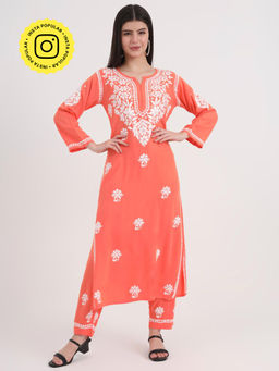 The Chikan Label - Orange Hand-Embroidered Chikankari Co-Ord (Set of 2)