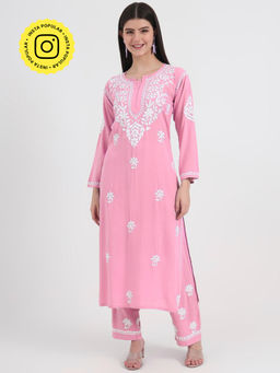 The Chikan Label - Pink Hand-Embroidered Chikankari Co-Ord (Set of 2)