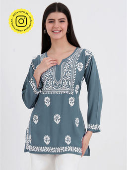 The Chikan Label - Authentic Chikankari Hand-Embroidered Short Kurti - Grey