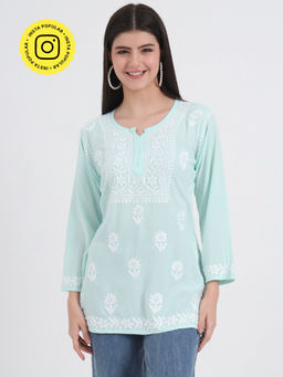 The Chikan Label - Authentic Chikankari Hand-Embroidered Short Kurti - Sea Blue