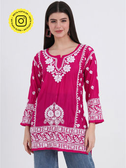 The Chikan Label - Authentic Chikankari Hand-Embroidered Short Kurti - Rani Pink