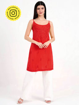 The Chikan Label - Red Women Embroidered Georgette Chikankari Kurta