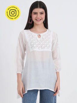 The Chikan Label - White Hand Embroidered Lucknowi Chikankari Kurti