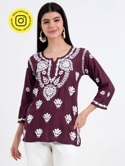 The Chikan Label - Maroon Hand Embroidered Lucknowi Chikankari Kurti