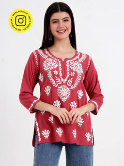 The Chikan Label - Candy Coral Hand Embroidered Lucknowi Chikankari Kurti