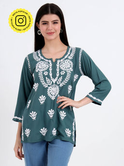 The Chikan Label - Green Hand Embroidered Lucknowi Chikankari Kurti