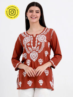 The Chikan Label - Rust Hand Embroidered Lucknowi Chikankari Kurti