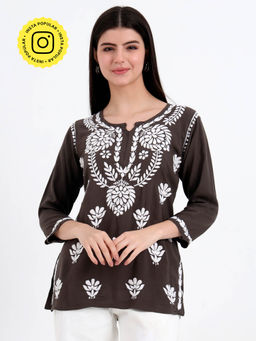 The Chikan Label - Brown Hand Embroidered Lucknowi Chikankari Kurti
