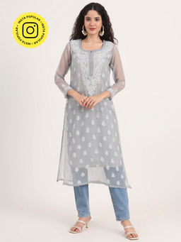 The Chikan Label - Grey Women Embroidered Georgette Chikankari Kurta with Inner