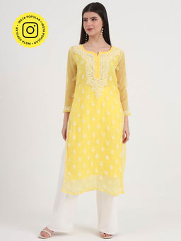 The Chikan Label - Yellow Women Embroidered Georgette Chikankari Kurta with Inner