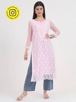 The Chikan Label - Pink Women Embroidered Georgette Chikankari Kurta with Inner
