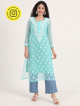 The Chikan Label - Green Women Embroidered Georgette Chikankari Kurta with Inner