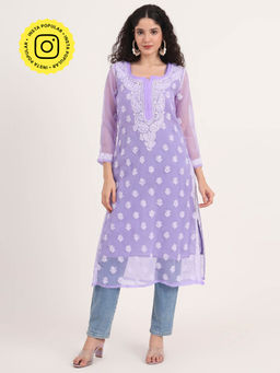 The Chikan Label - Lavender Women Embroidered Georgette Chikankari Kurta with Inner